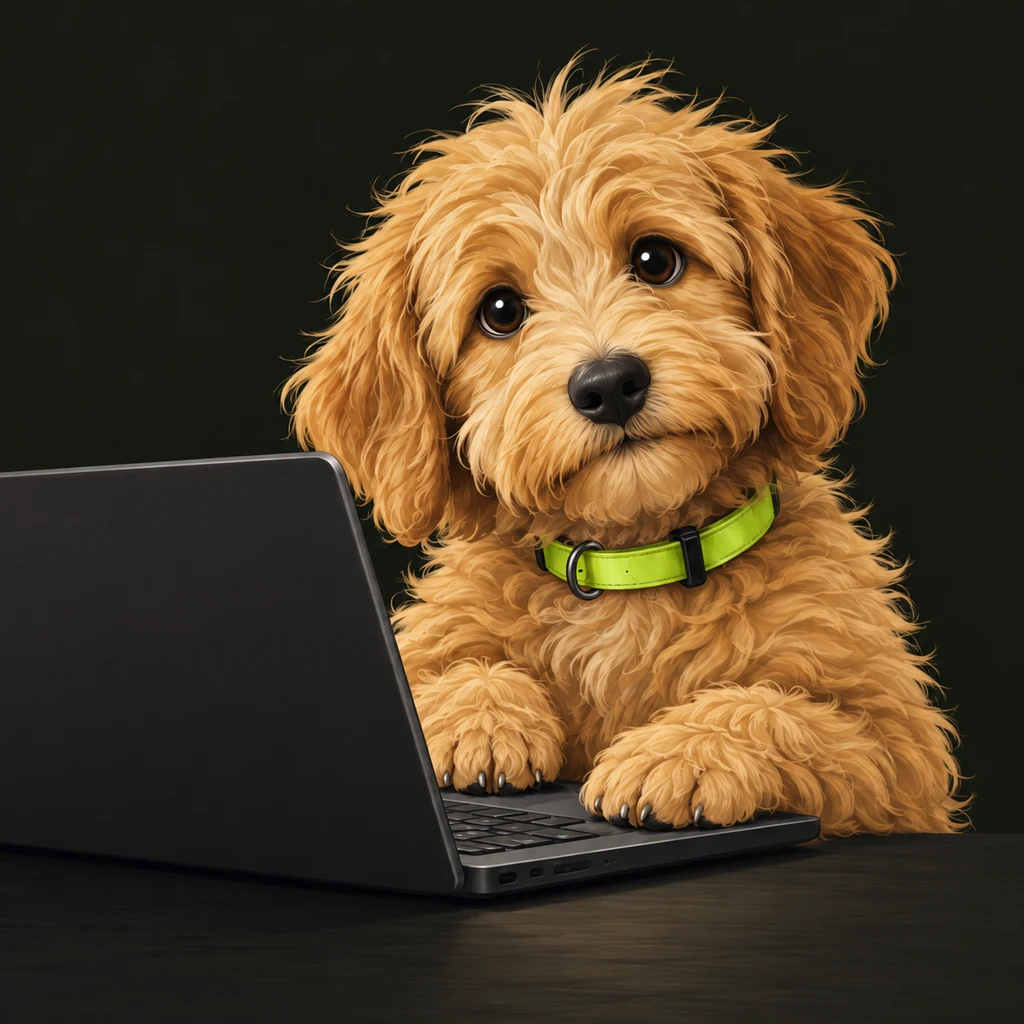 Perrito ilustrado de pelo dorado y collar verde apoyando sus patitas en una laptop.