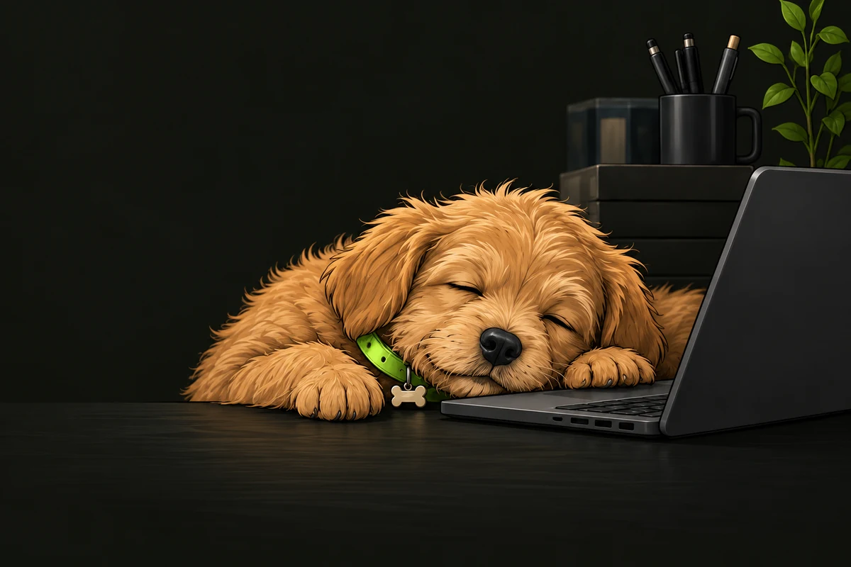 El mismo perrito ilustrado dormido junto a la laptop de su humano.