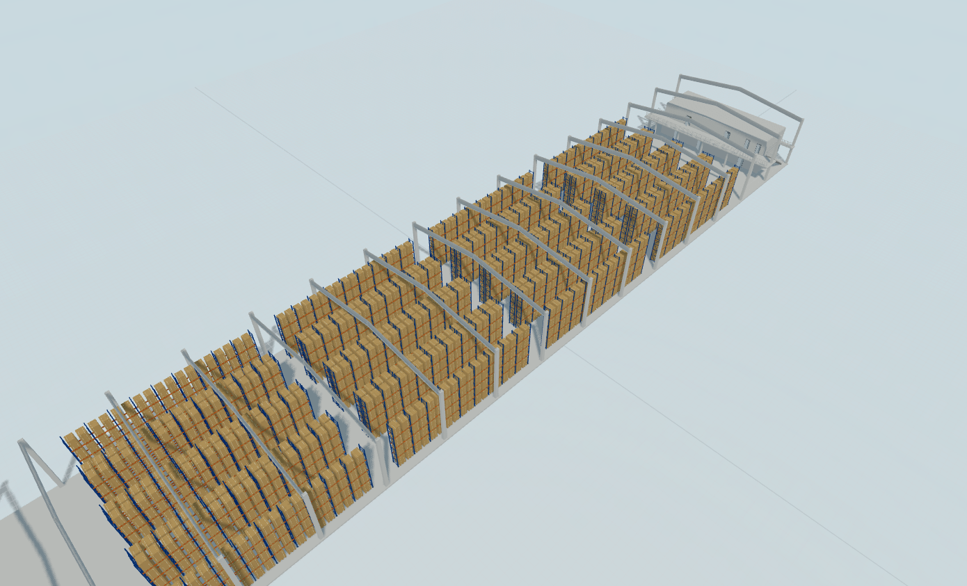 Nave industrial · 30 × 150 m · Estudio conceptual: estructura y racks · v03